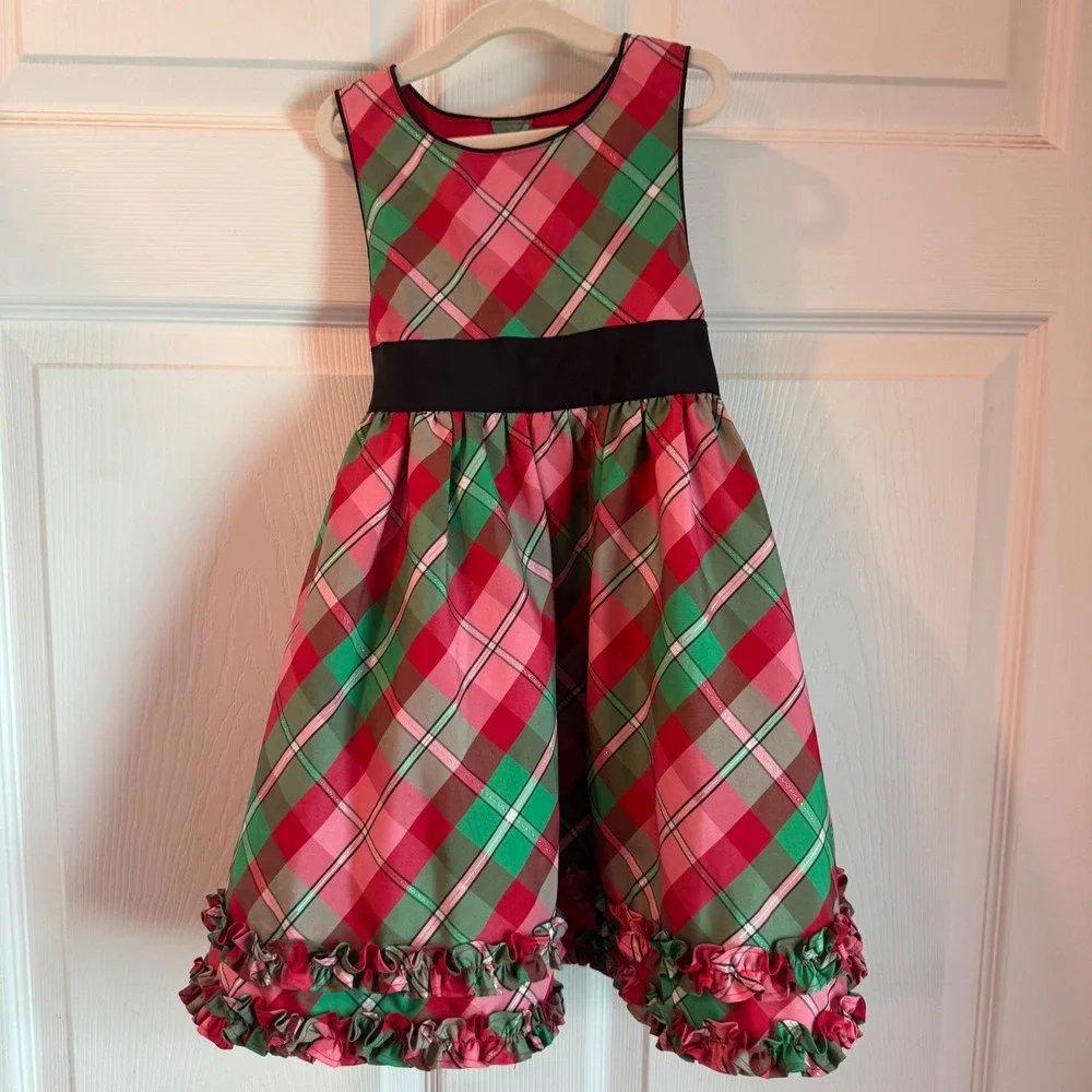 OshKosh B'gosh Holiday Dress Toddler 3T Red Green Plaid Ruffle Satin Sash 5443